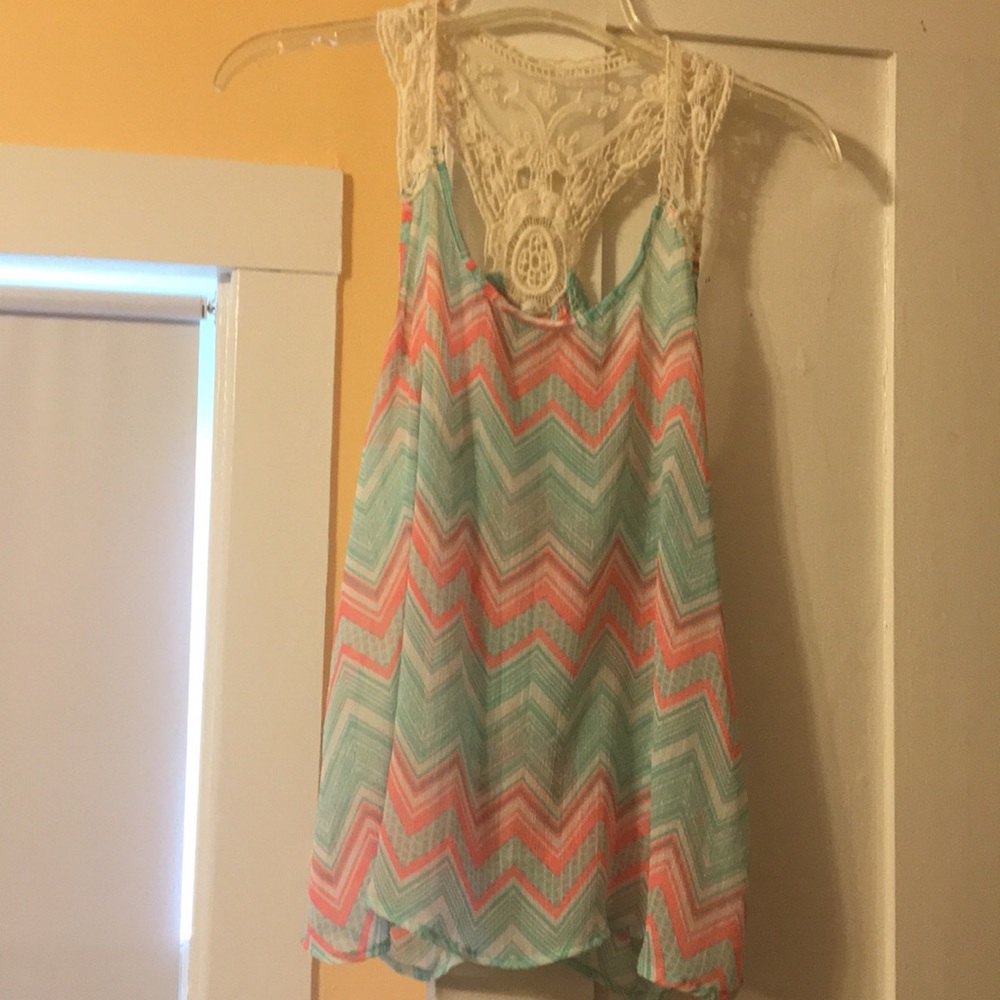 Sheer tank top with lace neck